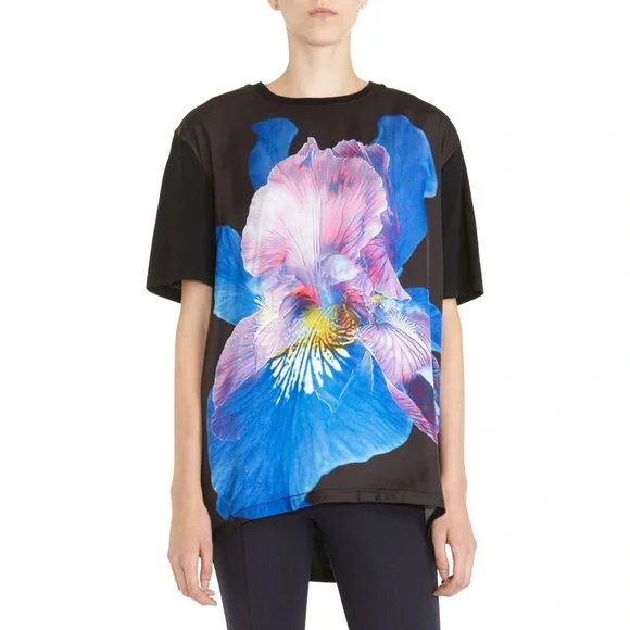 Givenchy SS 2012 Black Oversized Satin Iris Graphic T-Shirt Print Rihanna